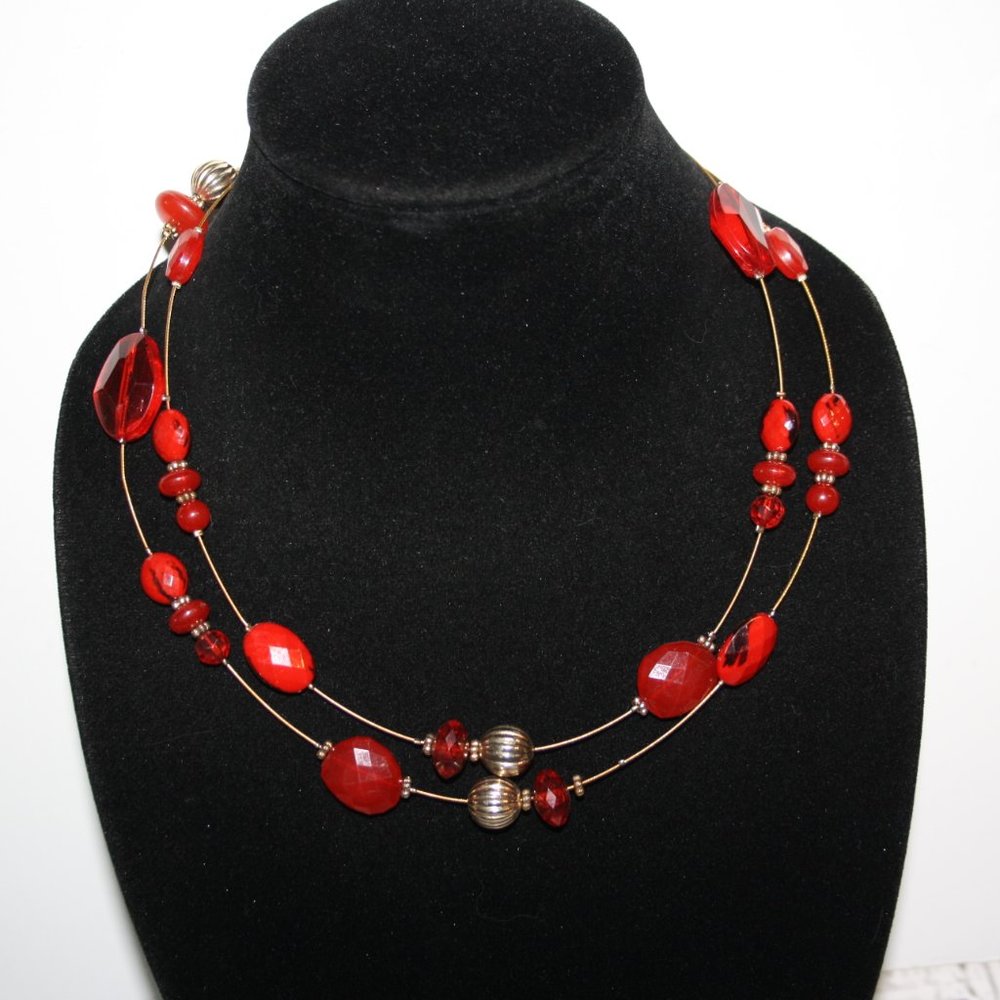 Beautiful 40" long gold wire and red beaded necklace